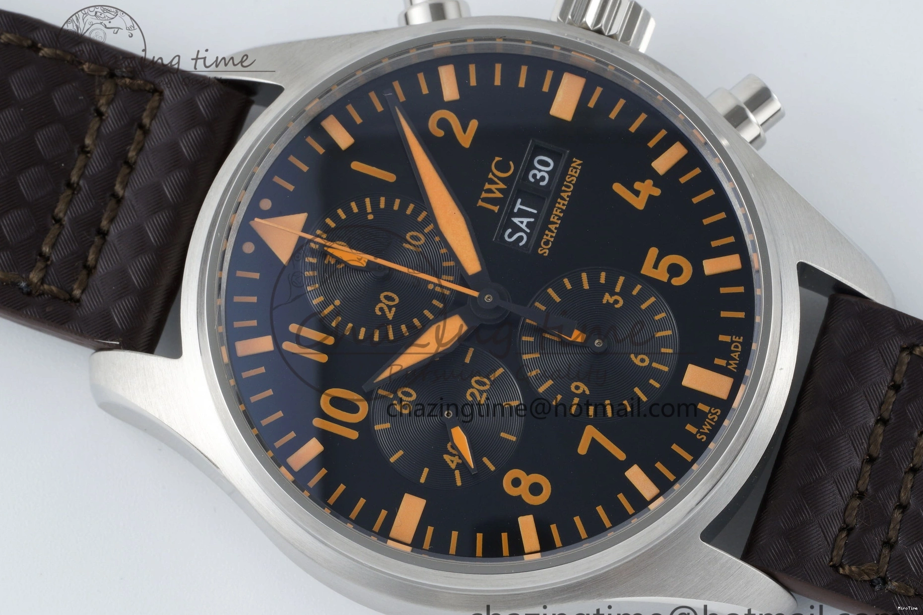 MIROTIME 0509 Pilot Chrono SS AZF 1:1 Best Edition Black Dial Orange Markers on Brown Leather Strap A EasyCare 7065